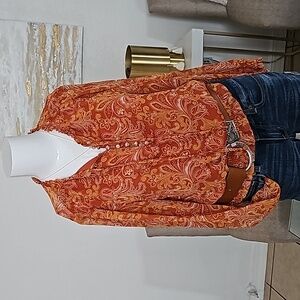 Jessica Simpson Women's Blouse, Paisley Burnt Brown, Ruched Waist, Size XS